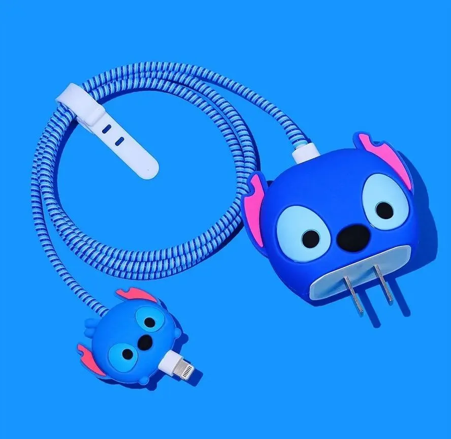 Micvir Charger Cover for iPhone 18W-20W Charger, 3D Cartoon Design Stitch Blue, Spiral Cable Protector (Blue) — image 1 of 5
