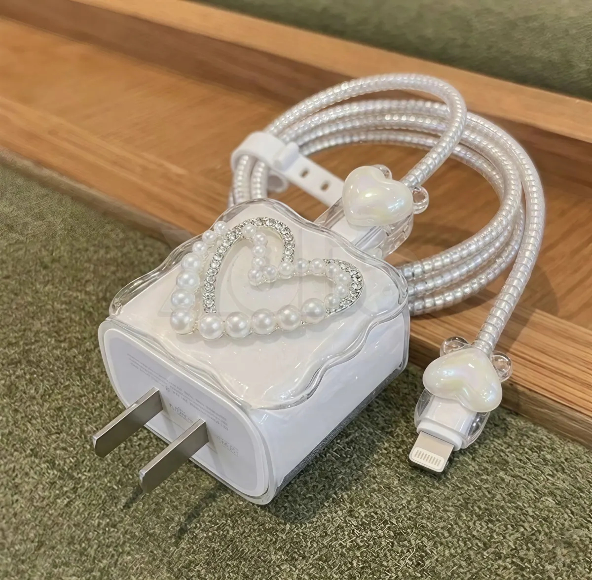 Xolia Charger Cover for 18W-20W Charger, 3D Cartoon Design Stone Heart, Spiral Cable Protector (White) — image 3 of 5