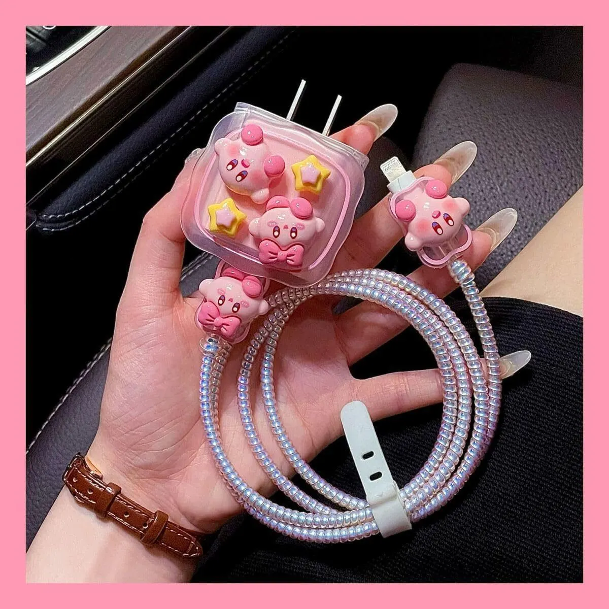 Micvir Charger Cover for Nothing 45W Charger, 3D Cartoon Design Kirby Pink, Spiral Cable Protector (Pink) — image 2 of 5