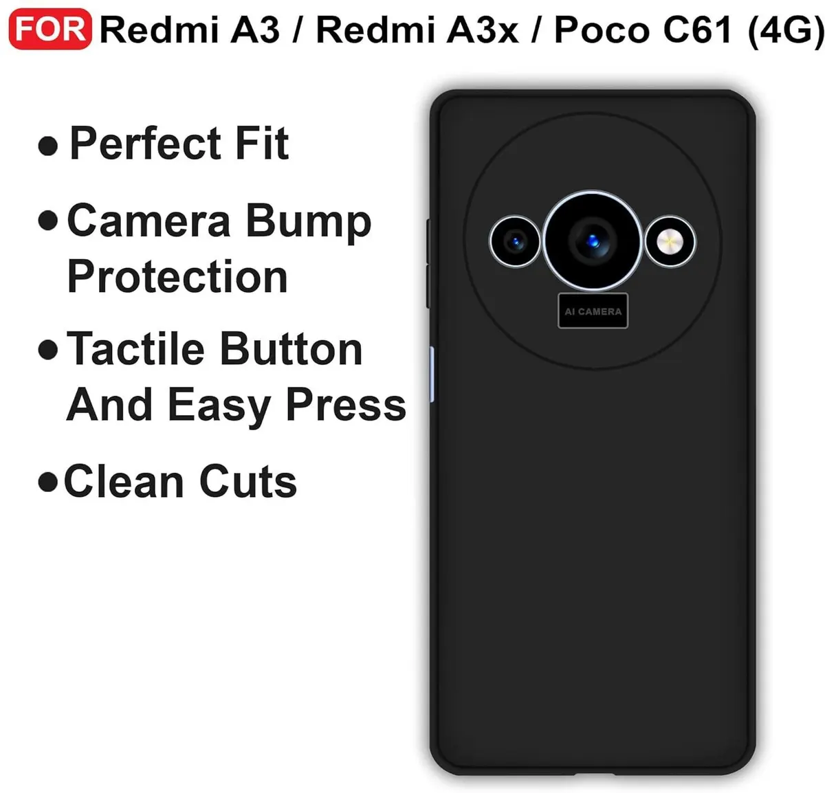 Micvir Back Cover for Redmi A3 (Black, Dual Protection, Silicon, Pack of: 1) — image 4 of 5