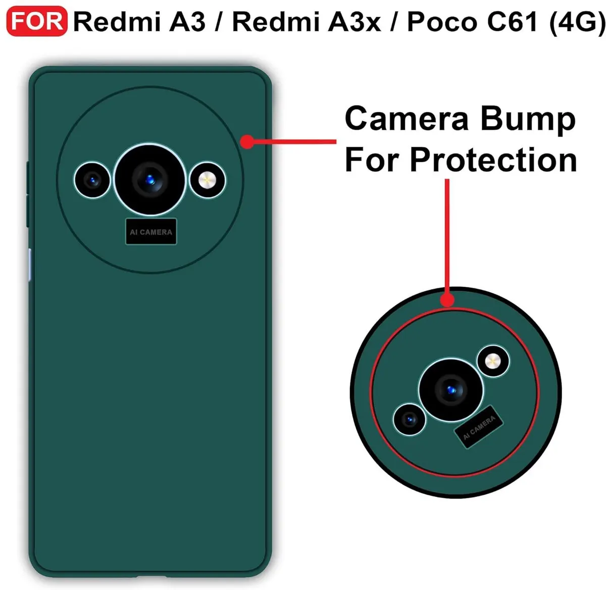 Micvir Back Cover for Redmi A3 (Green, Dual Protection, Silicon, Pack of: 1) — image 2 of 5