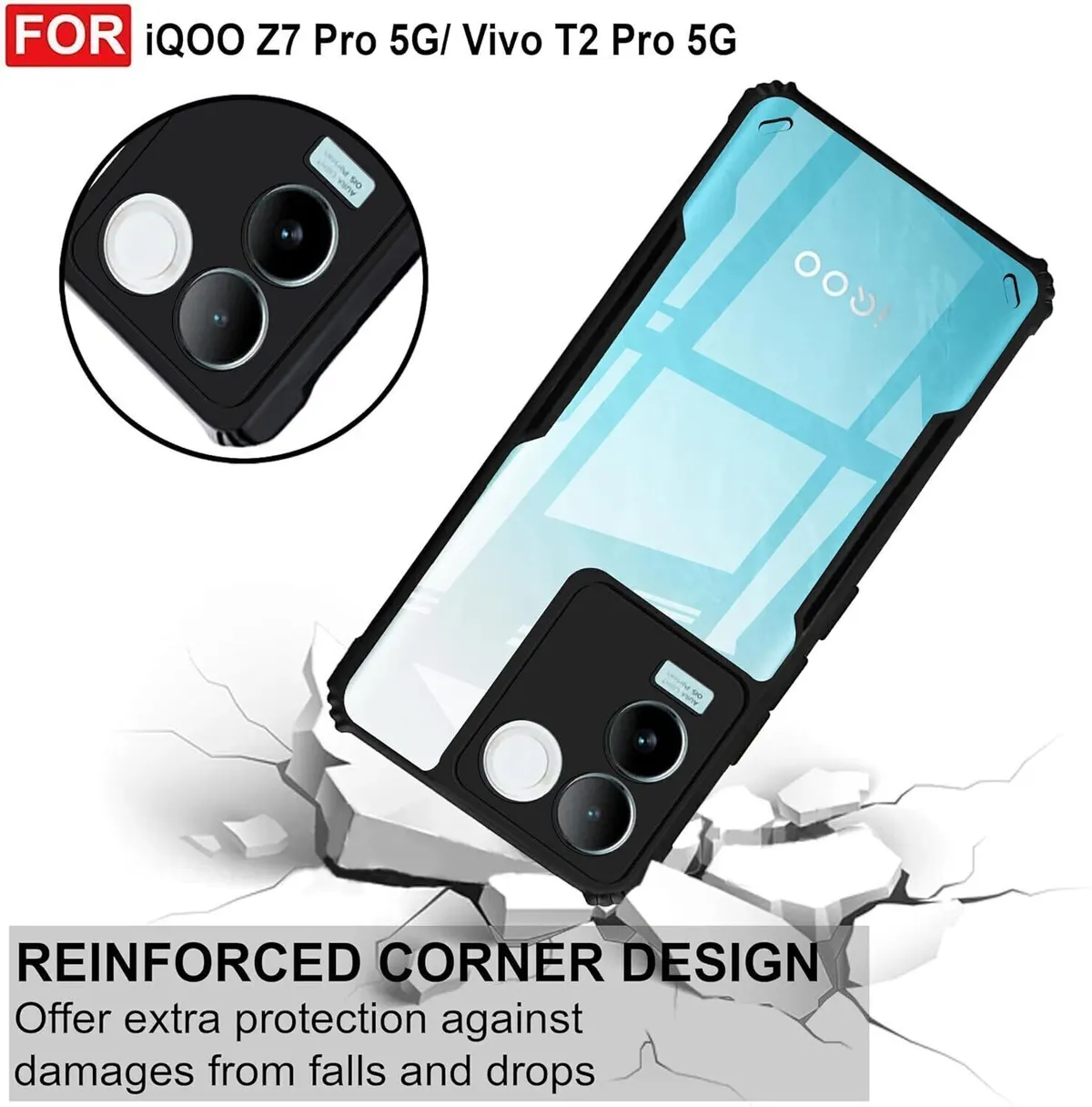 Micvir Back Cover for Vivo T2 Pro 5G (Transparent, Black, Shock Proof, Polycarbonate, Pack of: 1) — image 3 of 5