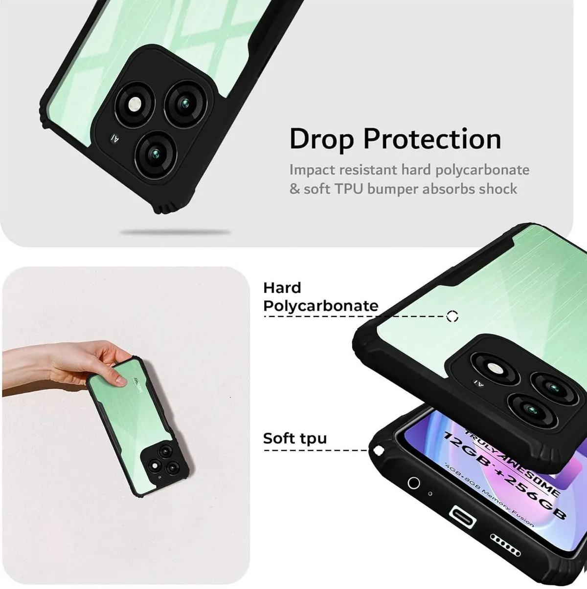 Micvir Back Cover for Itel A70 (Transparent, Black, Shock Proof, Polycarbonate) — image 4 of 5
