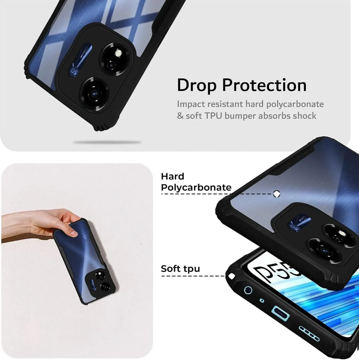 Micvir Back Cover for Itel P55 5G (Transparent, Black, Shock Proof, Polycarbonate) — image 2 of 5