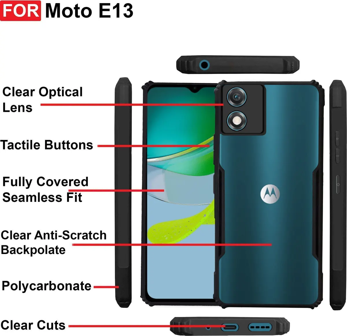 Micvir Back Cover for Motorola E13 (Transparent, Black, Shock Proof, Polycarbonate, Pack of: 1) — image 4 of 5