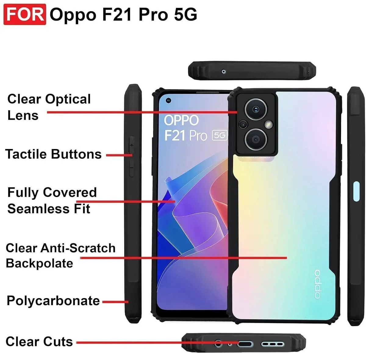 Micvir Back Cover for Oppo F21 Pro 5G (Transparent, Black, Shock Proof, Polycarbonate, Pack of: 1) — image 4 of 5
