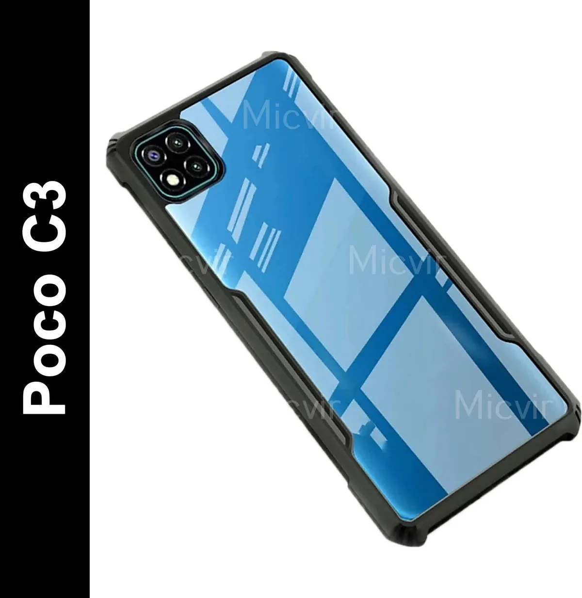 Micvir Back Cover for Poco C3 (Transparent, Black, Shock Proof, Polycarbonate, Pack of: 1)
