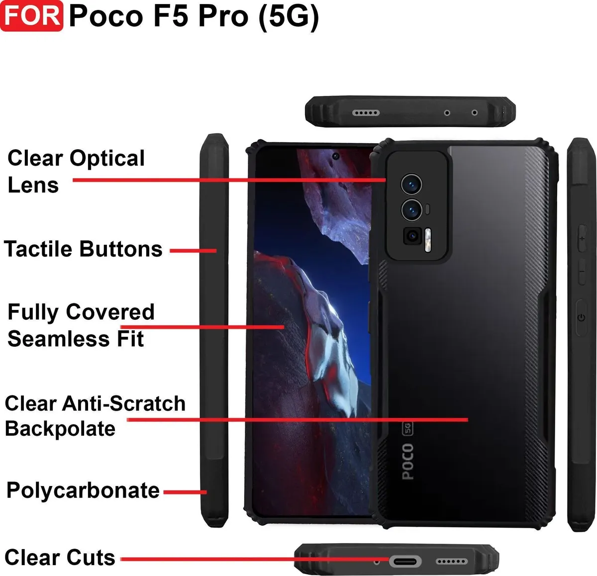 Micvir Back Cover for Poco F5 Pro 5G (Black, Shock Proof, Polycarbonate, Pack of: 1) — image 4 of 5