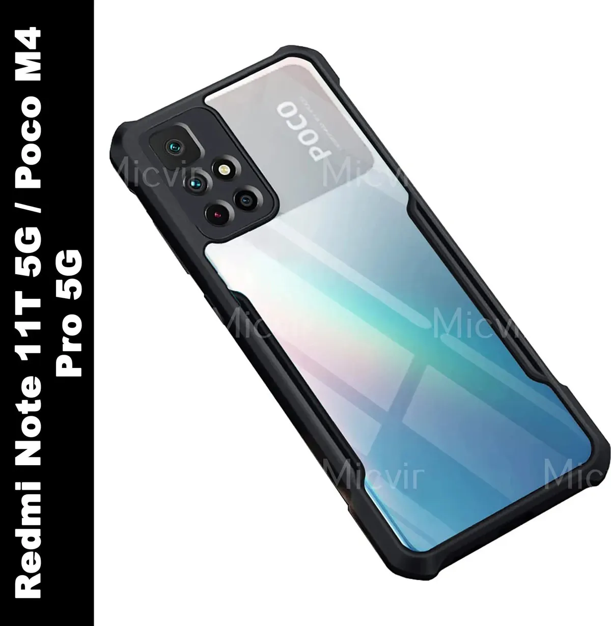 Micvir Back Cover for Redmi Note 11T 5G|Poco M4 Pro 5G (Transparent, Black, Shock Proof, Polycarbonate, Pack of: 1)