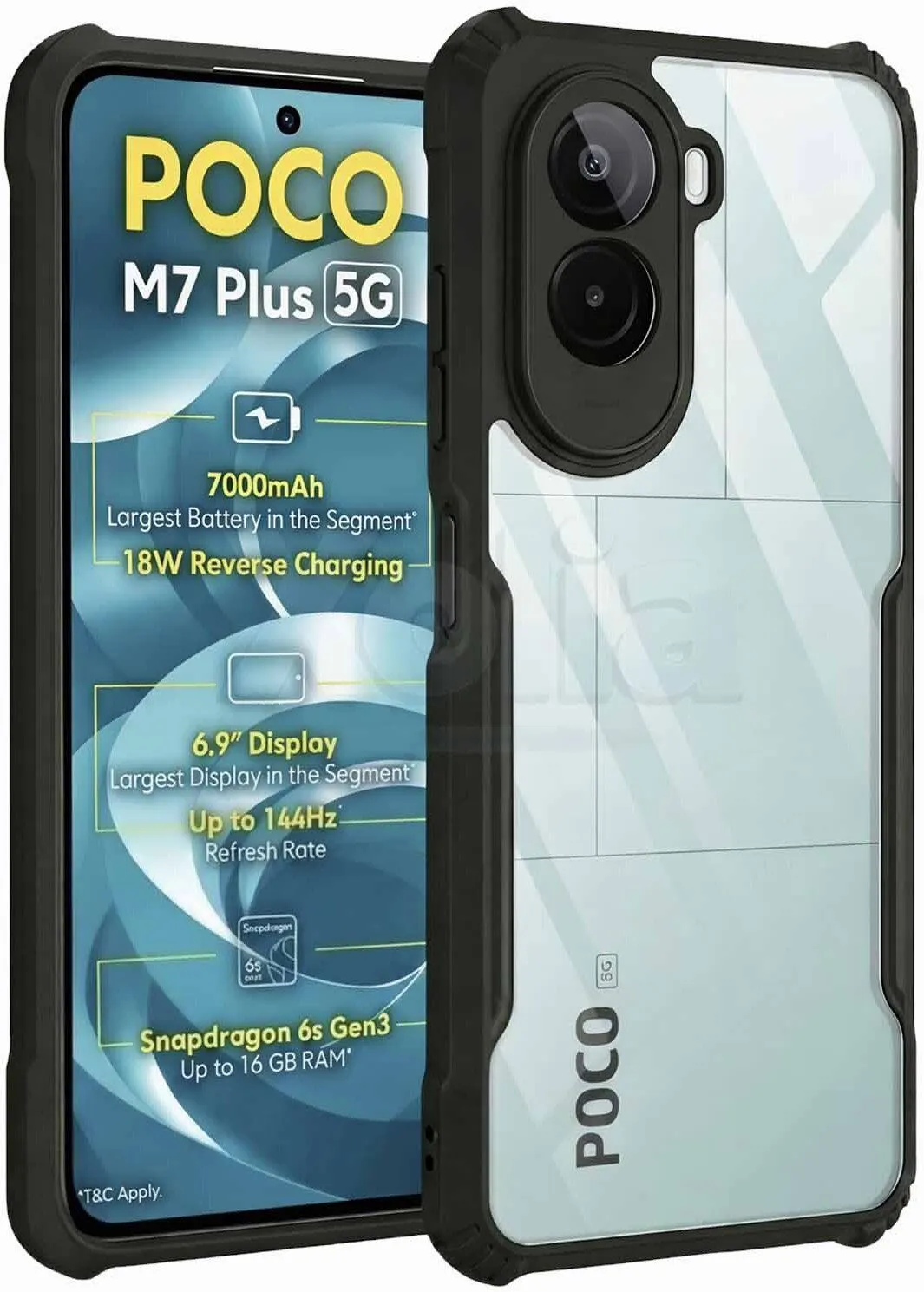 Micvir Back Cover for Poco M7 Plus 5G (Transparent, Black, Shock Proof, Polycarbonate, Pack of: 1)
