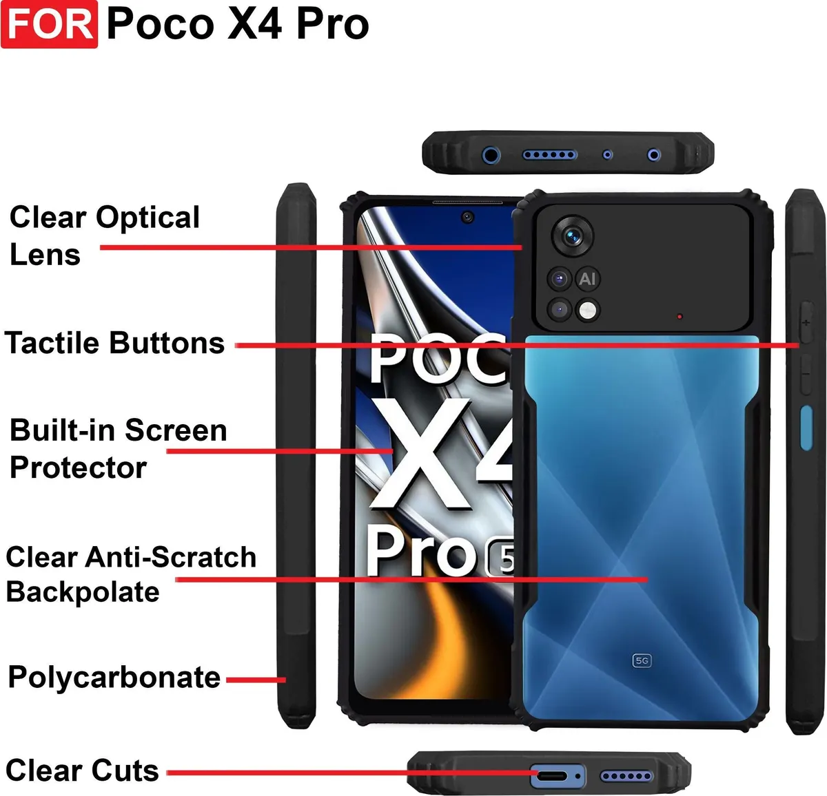 Micvir Back Cover for Poco X4 Pro (Transparent, Black, Shock Proof, Polycarbonate, Pack of: 1) — image 4 of 5