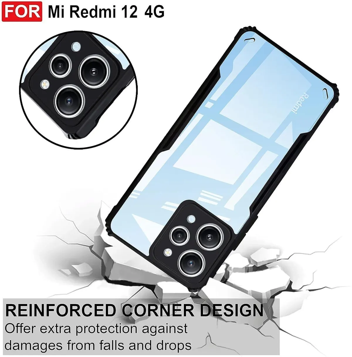 Micvir Back Cover for Redmi 12 (Transparent, Black, Camera Bump Protector, Plastic, Silicon, Pack of: 1) — image 3 of 5