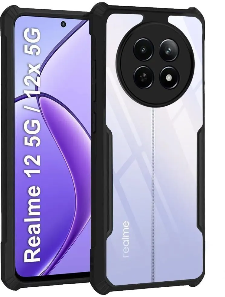 Micvir Back Cover for Realme 12 5G (Transparent, Black, Shock Proof, Polycarbonate, Pack of: 1)