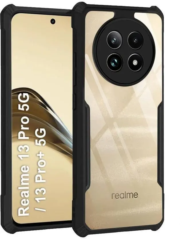 Micvir Back Cover for Realme 13 Plus 5G (Transparent, Black, Camera Bump Protector, Plastic, Silicon, Pack of: 1)