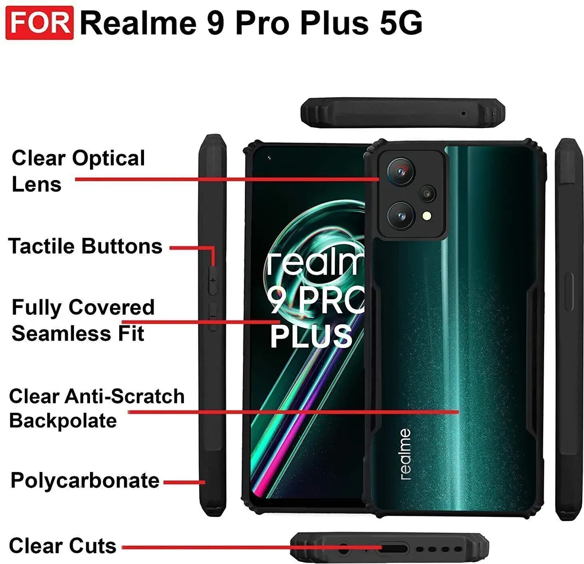 Micvir Back Cover for realme 9 Pro Plus 5G (Transparent, Black, Shock Proof, Polycarbonate, Pack of: 1) — image 4 of 5