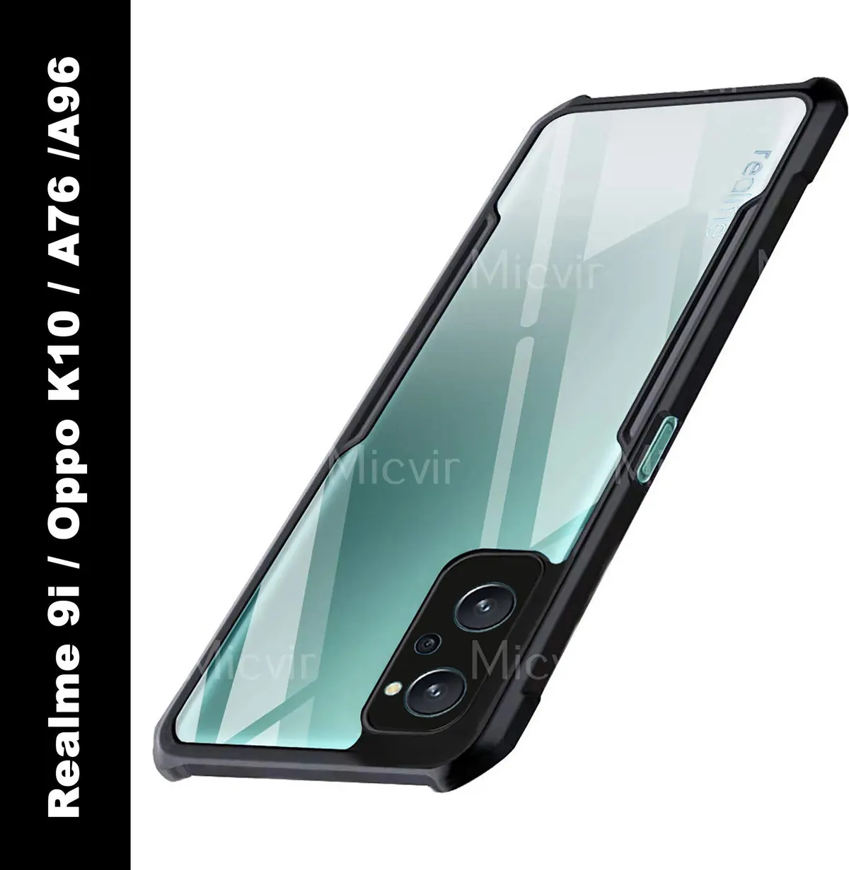 Micvir Back Cover for Realme 9i (Transparent, Black, Shock Proof, Polycarbonate, Pack of: 1)