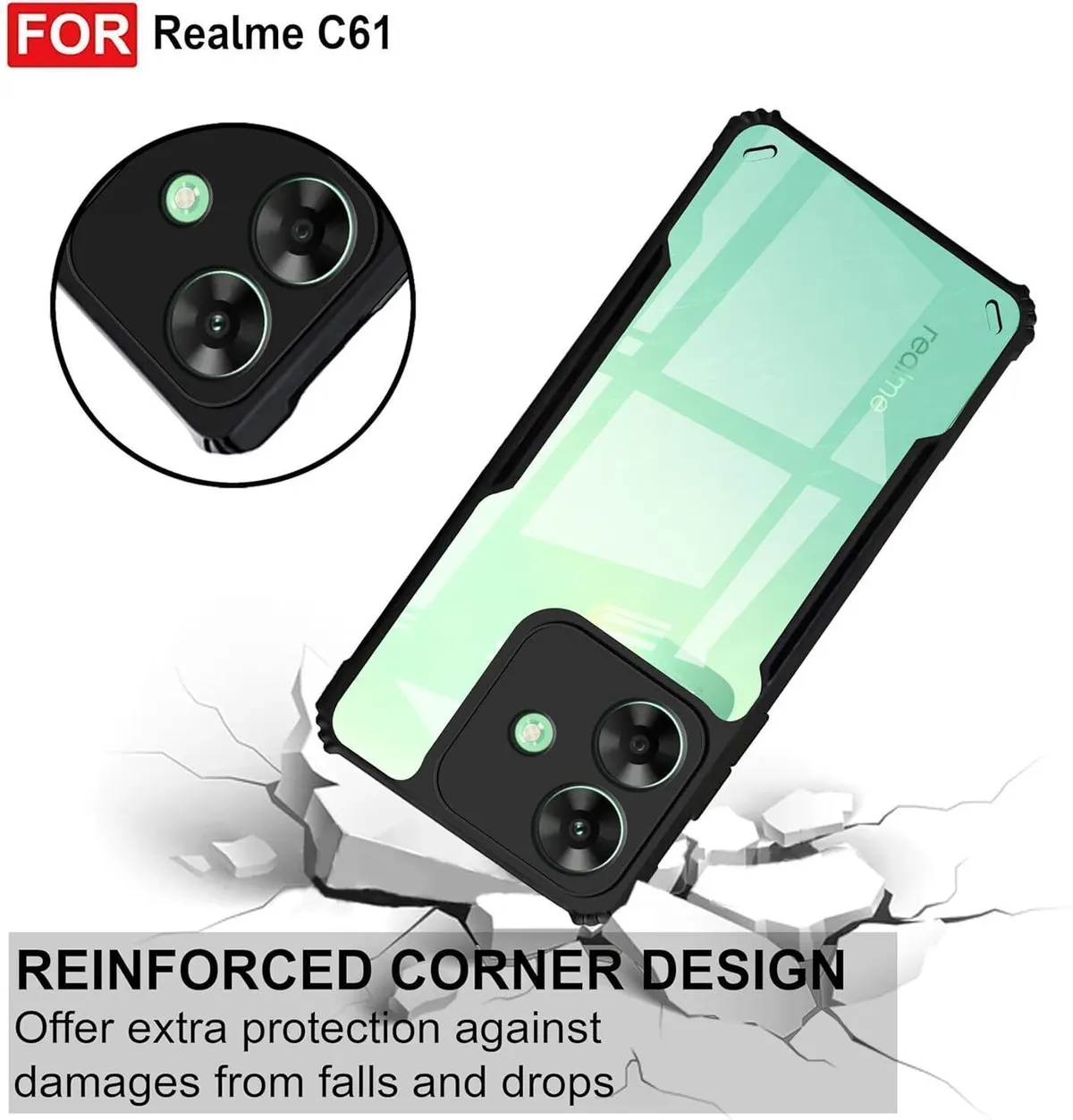 Micvir Back Cover for Realme C61 (Transparent, Black, Shock Proof, Polycarbonate, Pack of: 1) — image 3 of 5
