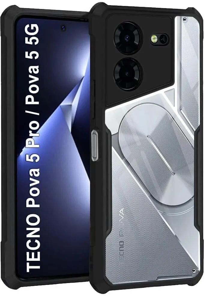 Micvir Back Cover for Tecno Pova 5, Tecno Pova 5 Pro (Transparent, Black, Shock Proof, Polycarbonate, Pack of: 1)