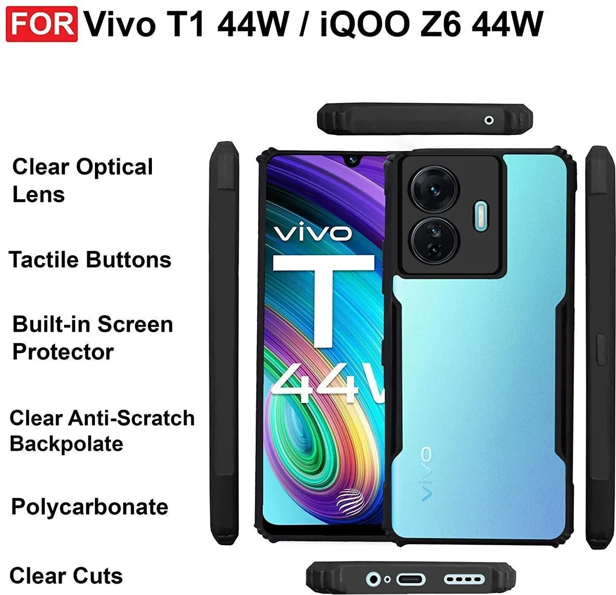 Micvir Back Cover for iQOO Z6 44W (Transparent, Black, Shock Proof, Polycarbonate, Pack of: 1) — image 4 of 5