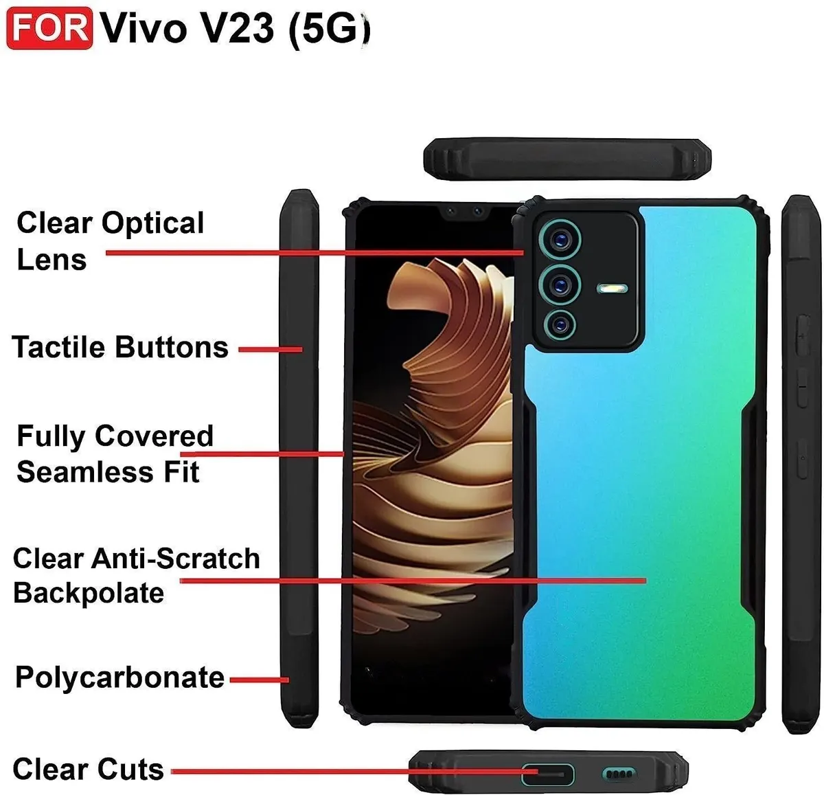 Micvir Back Cover for Vivo V23 5G (Transparent, Black, Shock Proof, Polycarbonate, Pack of: 1) — image 4 of 5