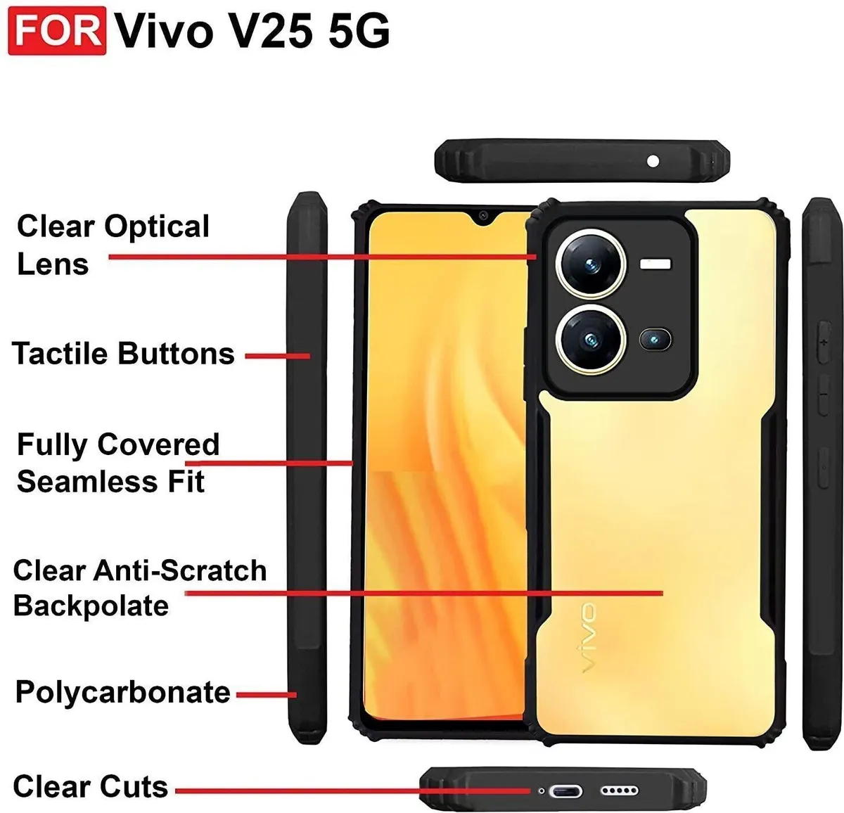 Micvir Back Cover for Vivo V25 5G (Transparent, Black, Shock Proof, Polycarbonate, Pack of: 1) — image 4 of 5