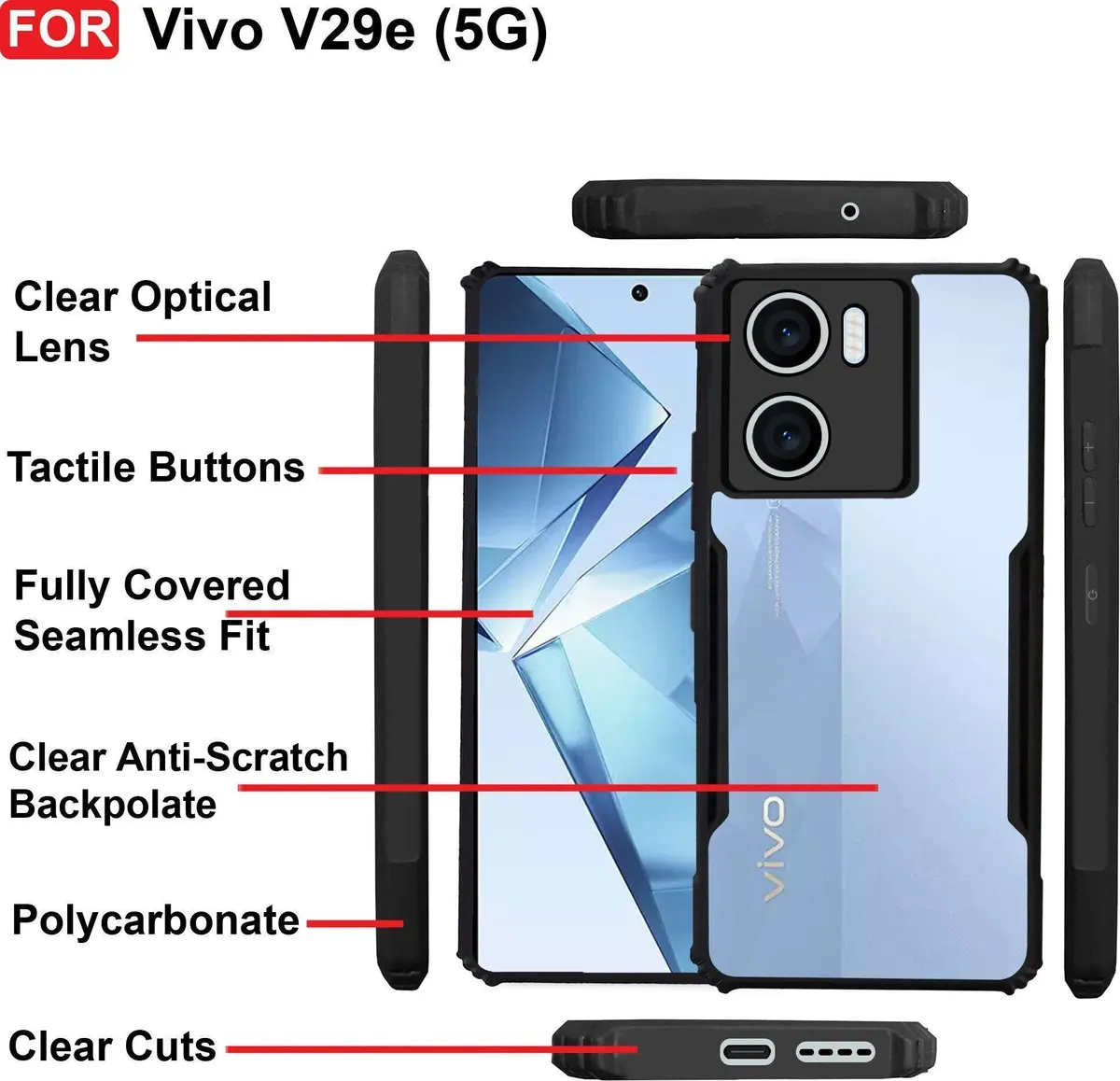 Micvir Back Cover for Vivo V29e 5G (Transparent, Black, Shock Proof, Polycarbonate, Pack of: 1) — image 4 of 5