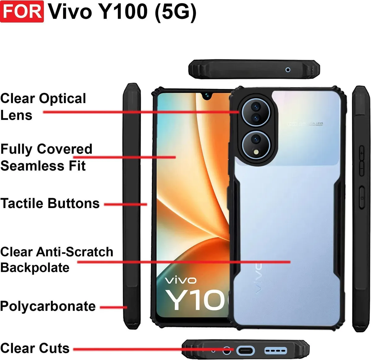 Micvir Back Cover for Vivo Y100 5G (Transparent, Black, Shock Proof, Polycarbonate, Pack of: 1) — image 4 of 5