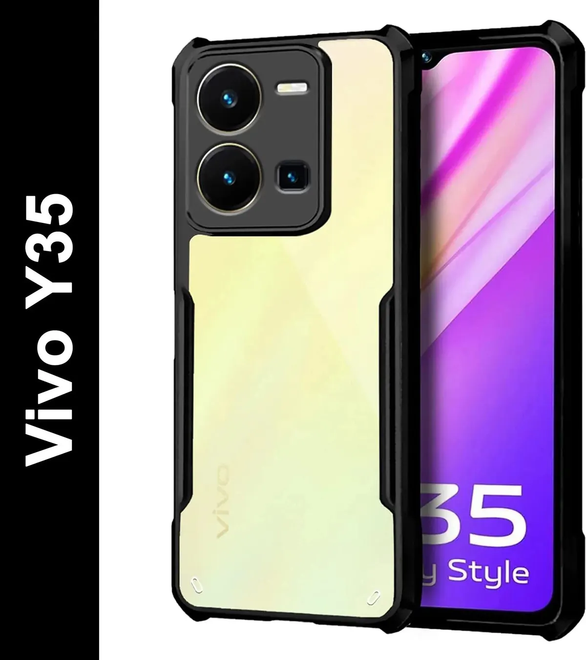 Micvir Back Cover for Vivo Y35 (Transparent, Black, Shock Proof, Polycarbonate, Pack of: 1)