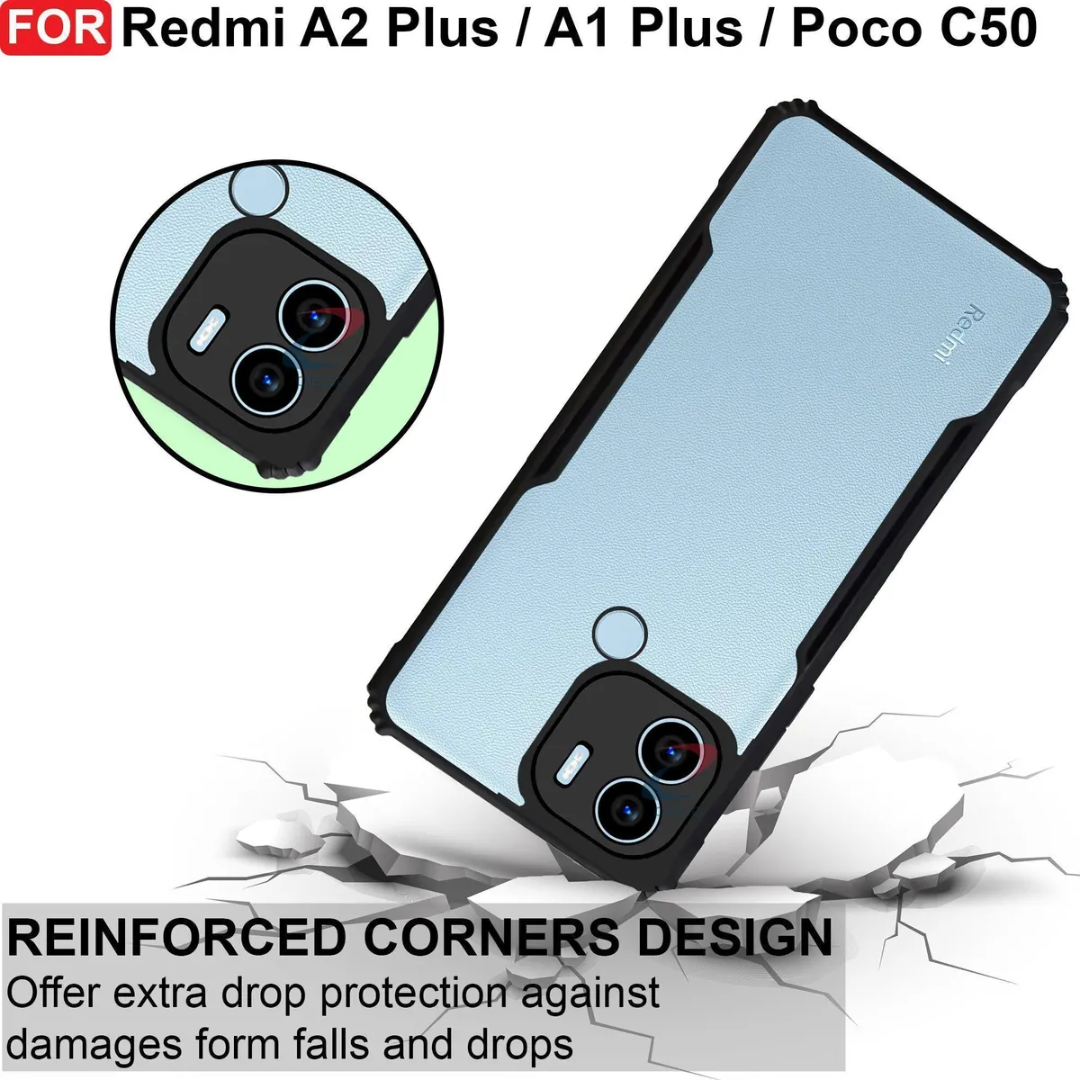Micvir Back Cover for POCO C50, Poco C51, Redmi A1 Plus, Redmi A2 Plus (Transparent, Black, Shock Proof, Polycarbonate, Pack of: 1) — image 3 of 5