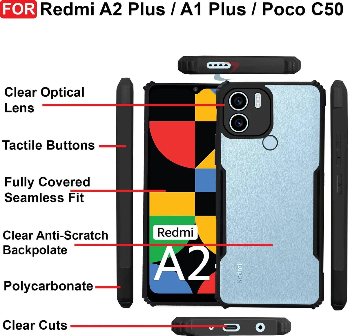 Micvir Back Cover for POCO C50, Poco C51, Redmi A1 Plus, Redmi A2 Plus (Transparent, Black, Shock Proof, Polycarbonate, Pack of: 1) — image 4 of 5