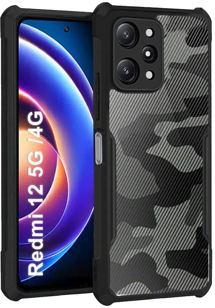 Micvir Back Cover for Redmi 12 5G (Transparent, Black, Plastic, Silicon, Pack of: 1)