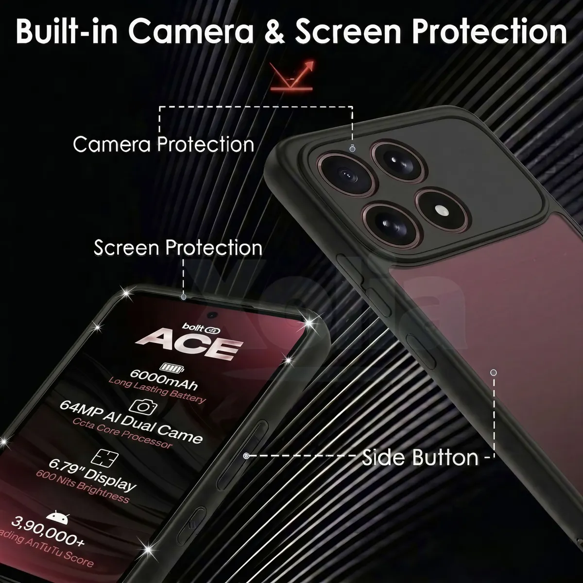 Xolia Back Cover for boltt ACE 5G (Transparent, Black, Shock Proof, Plastic, Silicon, Pack of: 1) — image 3 of 4