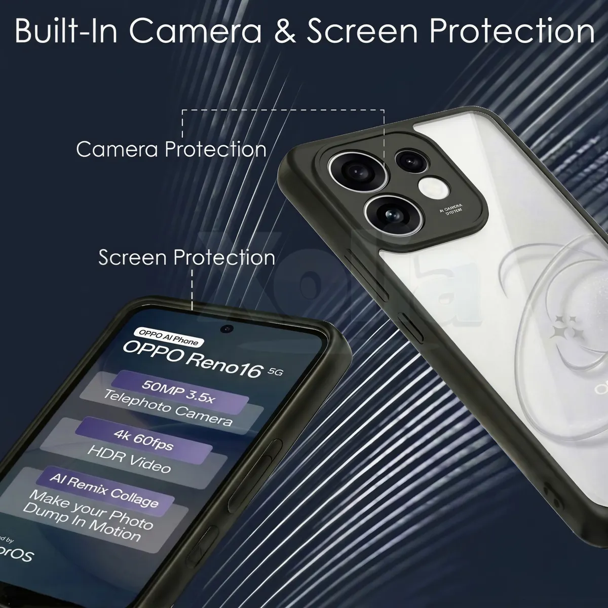 Xolia Back Cover for Oppo Reno 16 5G (Transparent, Black, Shock Proof, Plastic, Silicon, Pack of: 1) — image 3 of 4