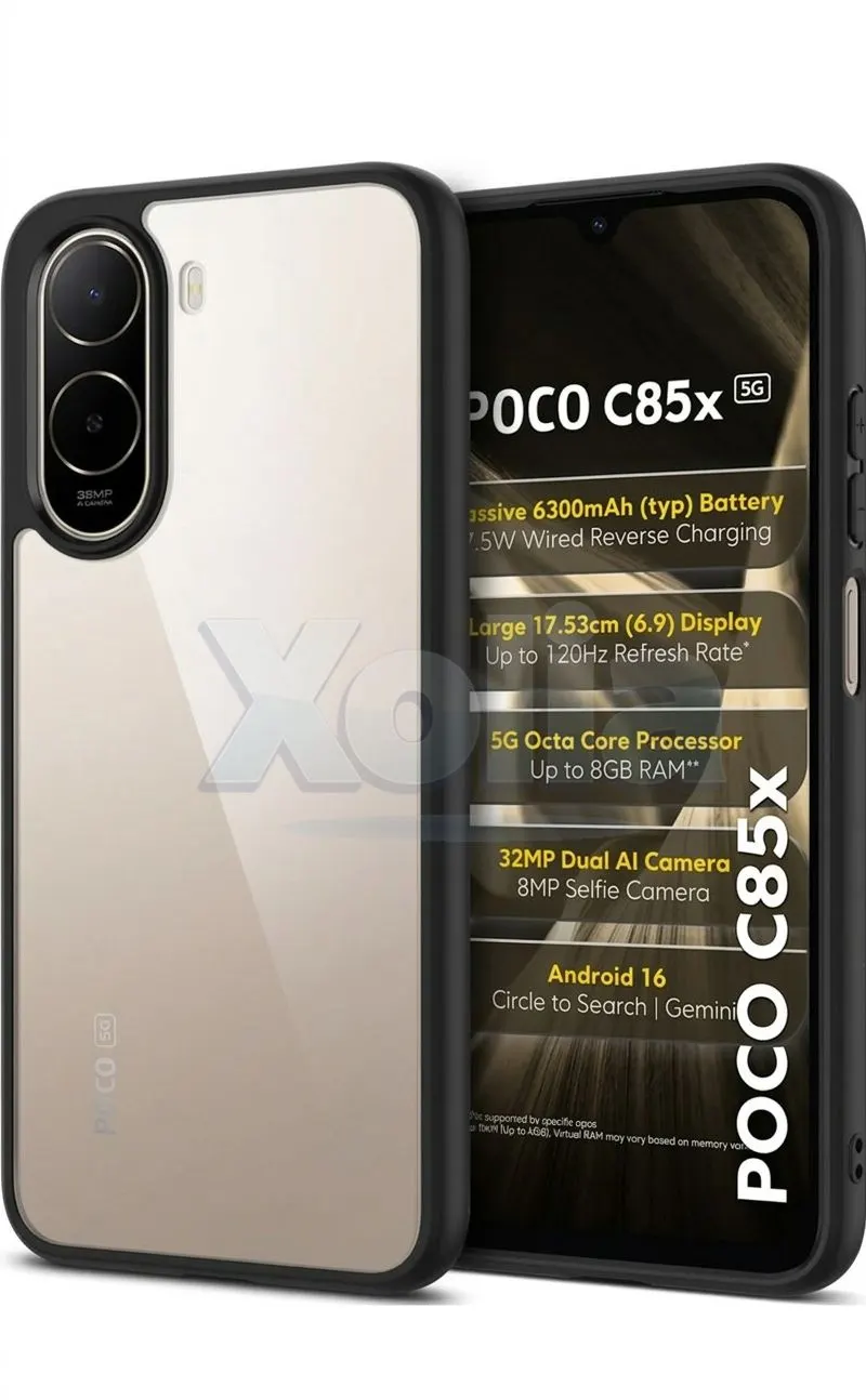 Xolia Back Cover for Poco C85x 5G (Transparent, Black, Shock Proof, Plastic, Silicon, Pack of: 1)