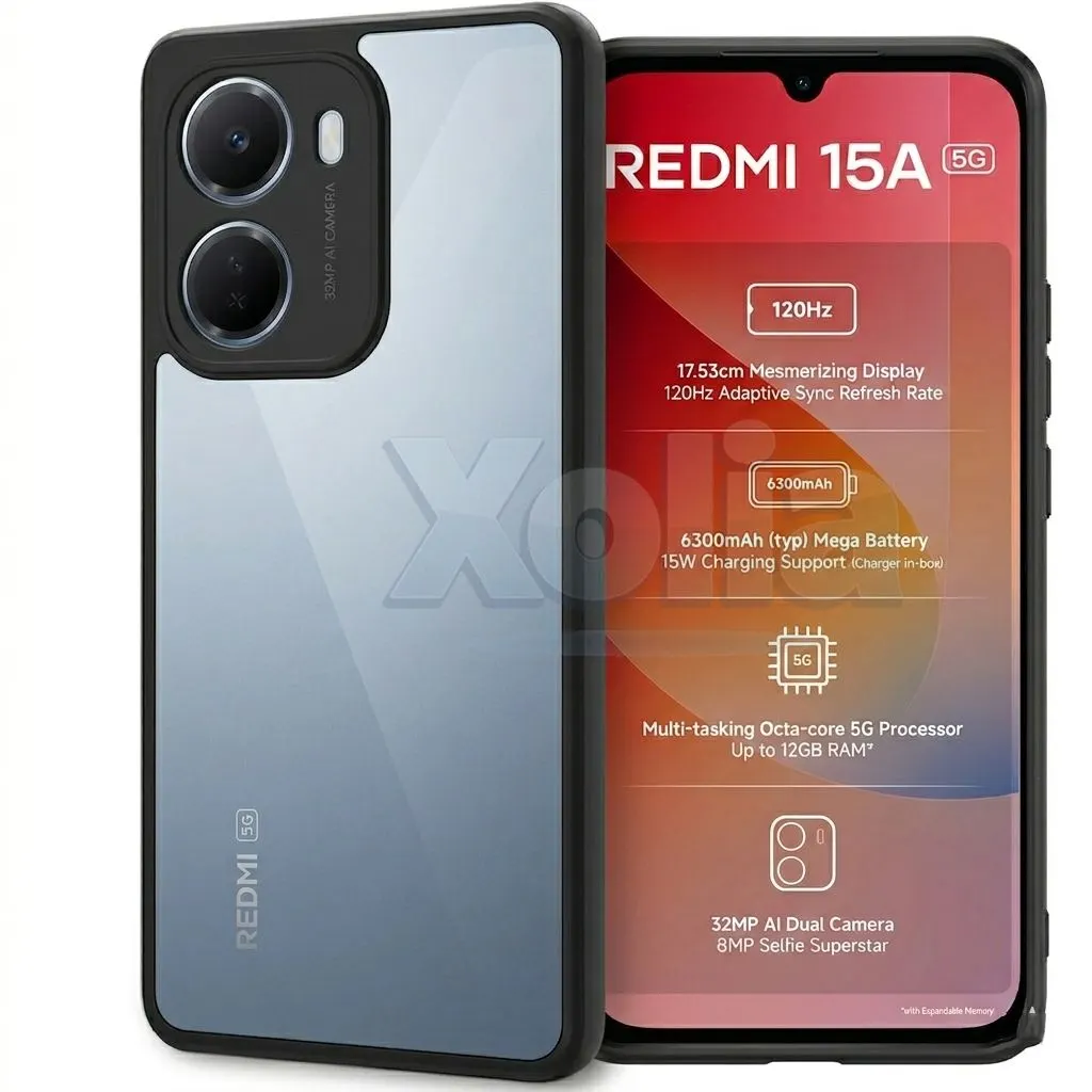 Xolia Back Cover for Redmi 15A 5G (Transparent, Black, Shock Proof, Plastic, Silicon, Pack of: 1)