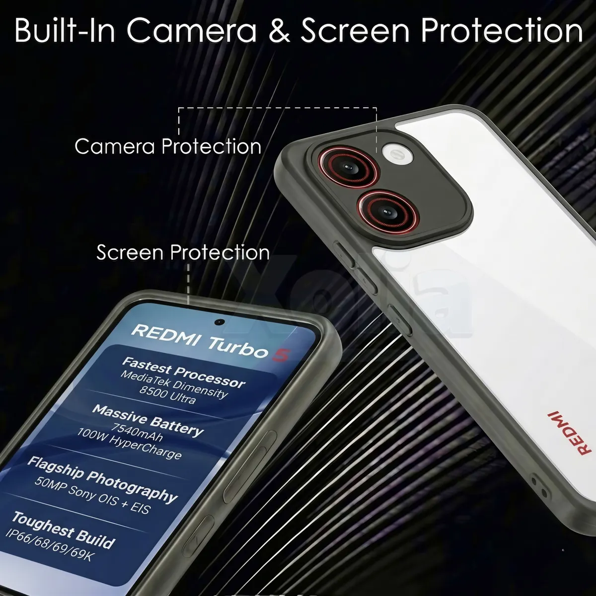 Xolia Back Cover for Redmi Turbo 5 5G (Transparent, Black, Shock Proof, Plastic, Silicon, Pack of: 1) — image 4 of 5
