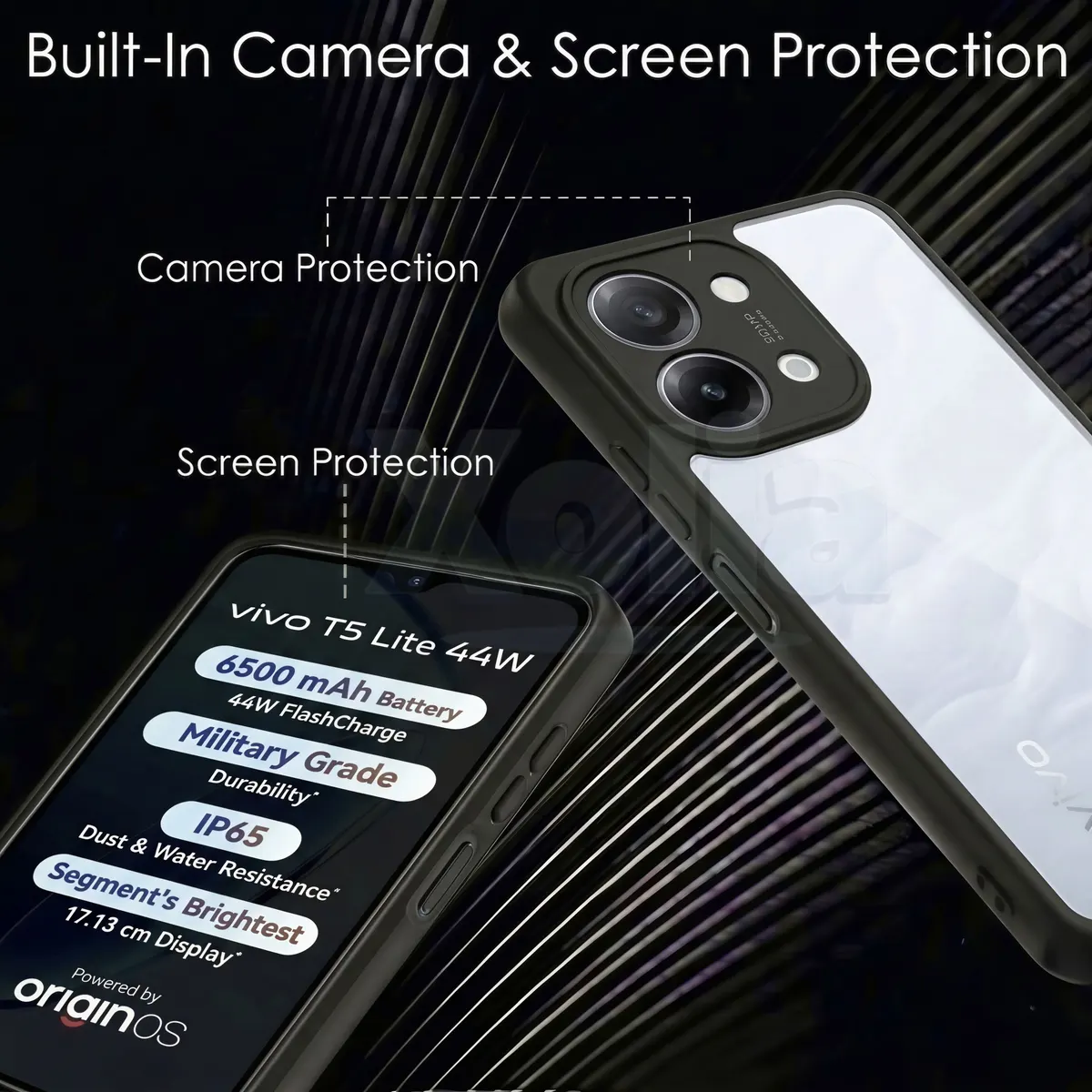 Xolia Back Cover for vivo T5 Lite 44W 5G (Transparent, Black, Shock Proof, Plastic, Silicon, Pack of: 1) — image 3 of 4