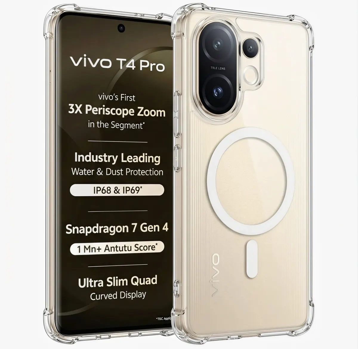 Xolia Back Cover for Vivo T4 Pro 5G (Transparent, Shock Proof, Polycarbonate, Silicon, Pack of: 1)