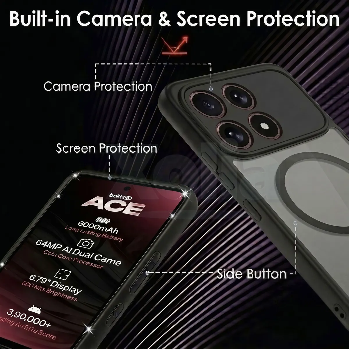 Xolia Back Cover for boltt ACE 5G (Black, Shock Proof, Polycarbonate, Silicon, Pack of: 1) — image 3 of 4