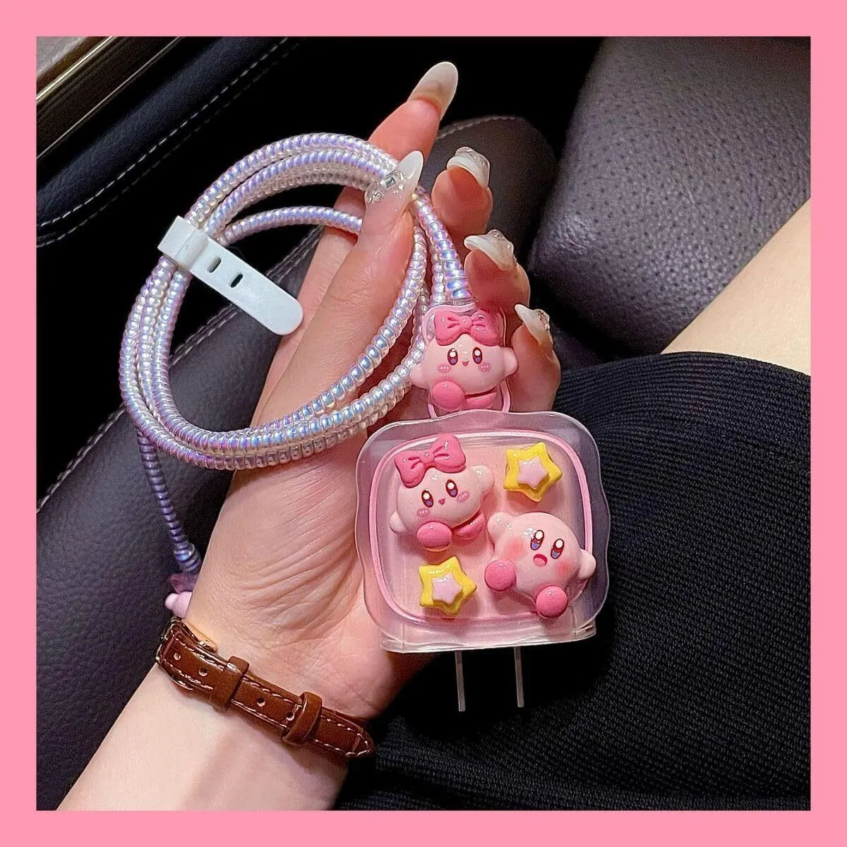 Micvir Charger Cover for iPhone 18W-20W Charger, 3D Cartoon Design Kirby Pink, Spiral Cable Protector (Pink) — image 2 of 5